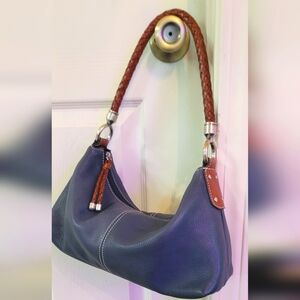 Fossil Navy and Tan Genuine Leather Shoulder Bag
